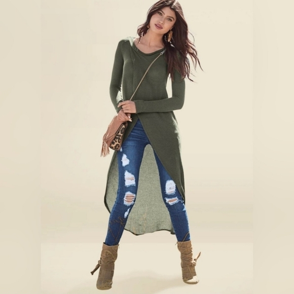 VENUS Sweaters - VENUS Long Sleeve Olive Knit Sweater Hi-low Split Front Boat Neck Floor Length L